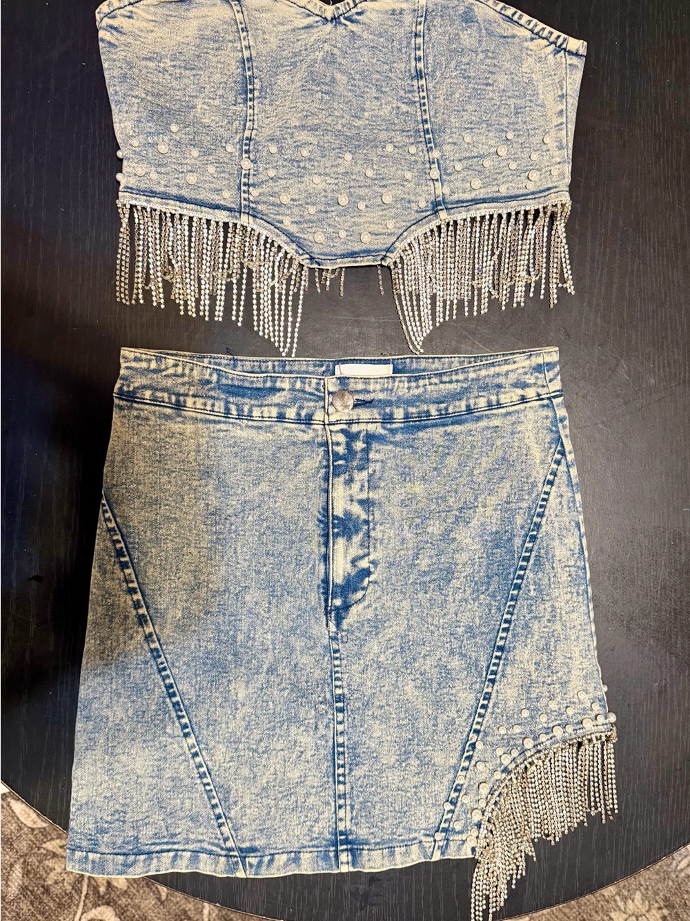 L’ATISTE Acid Wash Denim Rhinestone Fringe Corset Skirt Set